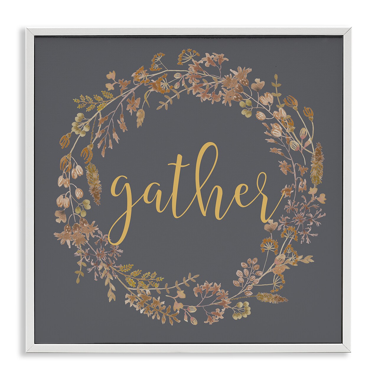Gather Calligraphy Rustic Autumn Botanical Blooms Wreath Framed Giclee Art